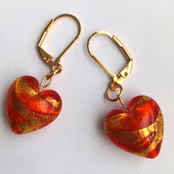 Murano Jewelry - New Murano Heart-Shaped Gold & Red Earrings. Drop, Dangle. 1 1/2"  Gold Plated